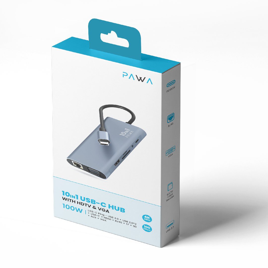 PAWA 10 IN 1 USB C HUB WITH HDTV & VGA 100W PW-TCHUB101