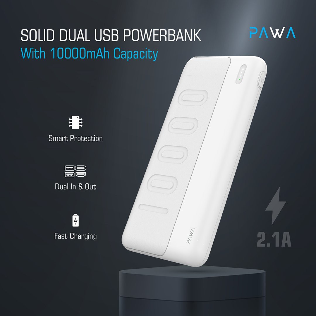 PAWA COMPACT DUAL USB POWERBANK 10000MAH WITH USB TO C CABLE PW-PB2510SL-WH