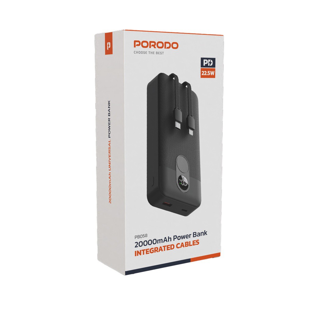 PORODO 20000MAH POWER BANK INTEGRATED CABLES BLACK PD-PBFCH058-BK