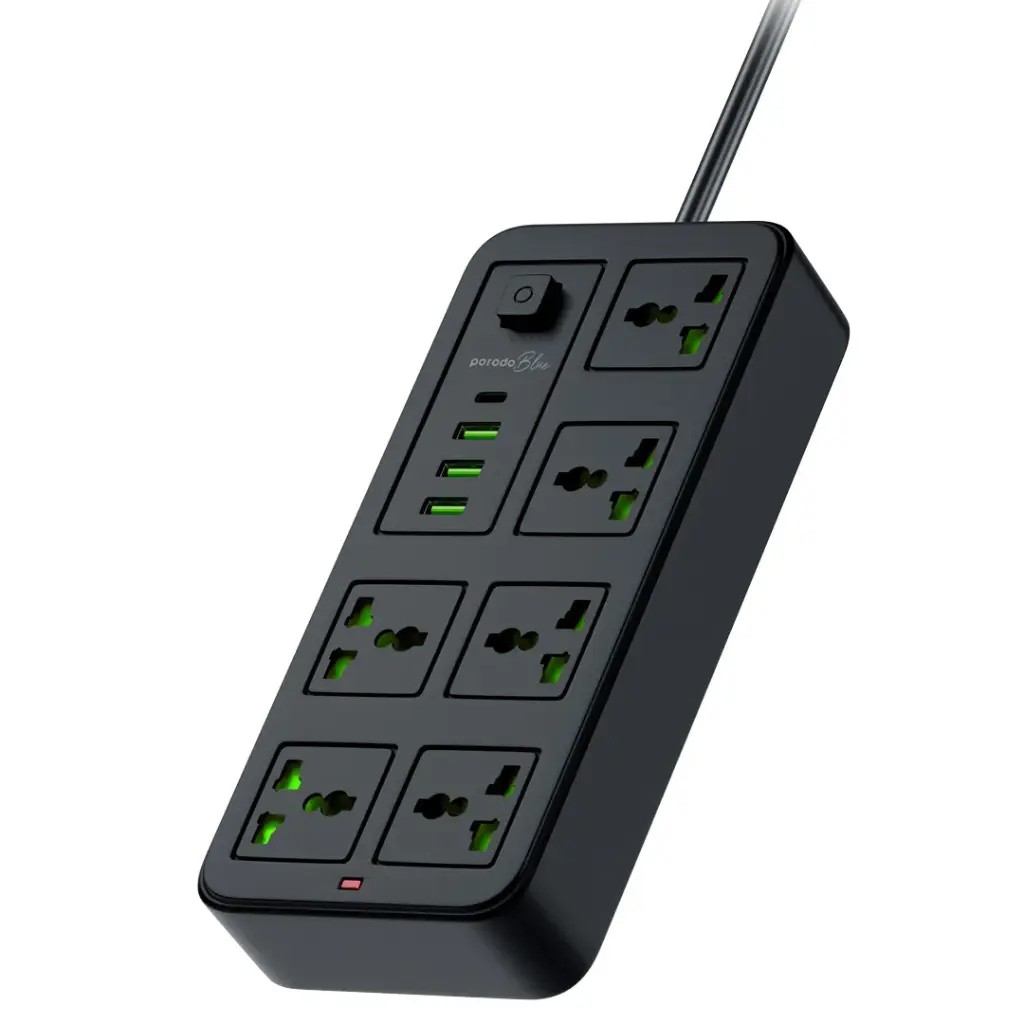PORODO BLUE 6 UNIVERSAL SOCKETS POWER STRIP BLACK PB-6ACPS1C3A-BK