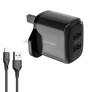 PORODO DUAL OUTPUT CHARGER WIITH 2.4A AUTO ID TECHNOLOGY PD-12WDAUKL-BK