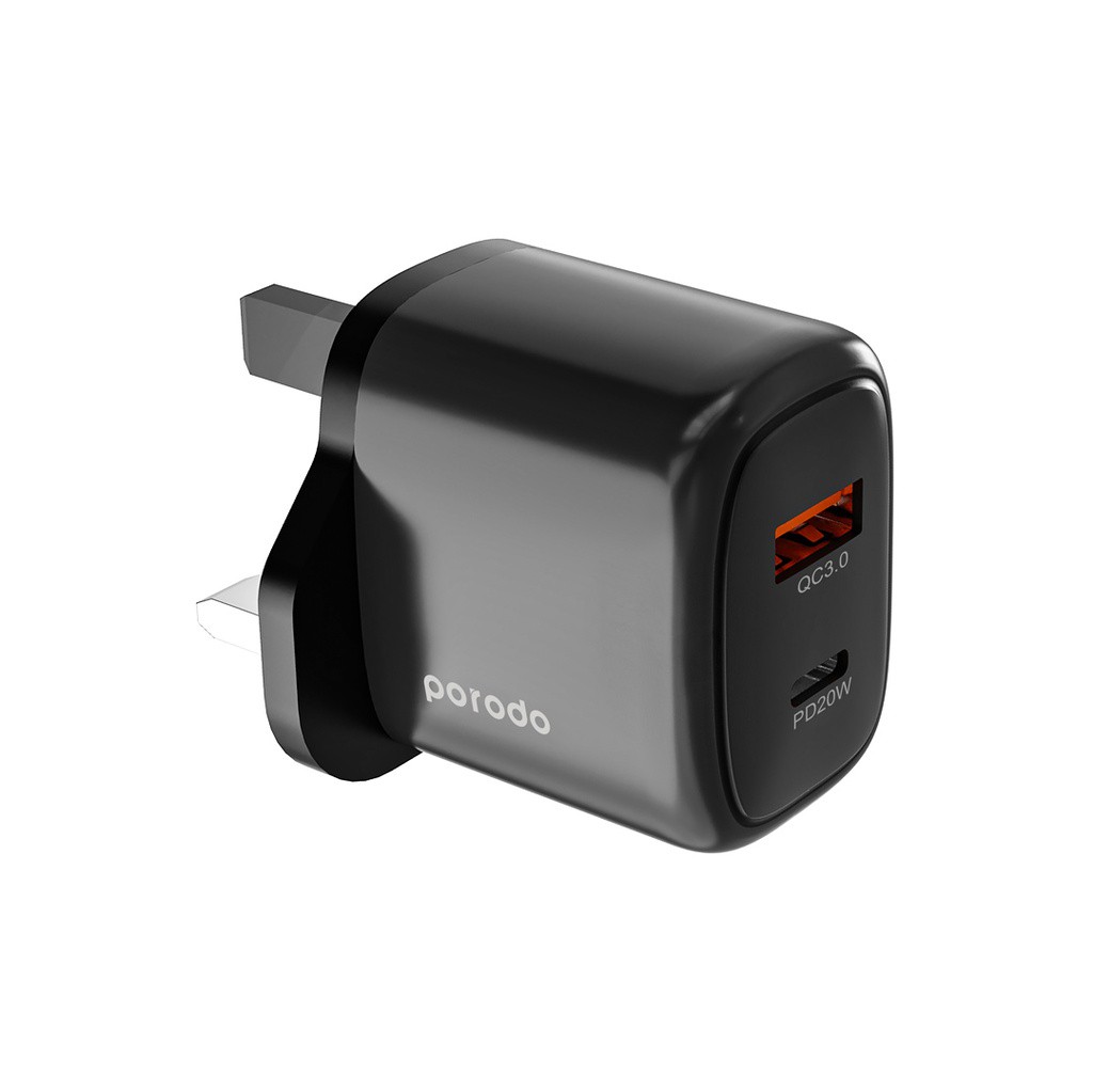 PORODO DUAL OUTPUT QUICK CHARGE PD 20W WITH TYPE C TO LIGHTNING CABLE BLACK PD-20WACCL-BK
