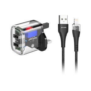 PORODO DUAL OUTPUT TRANSPARENT CHARGER WITH USB TO LIGHTNING CABLE PD-T12WDAUKL-BK