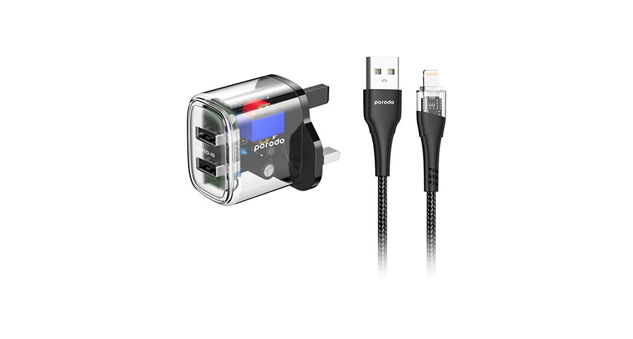 PORODO DUAL OUTPUT TRANSPARENT CHARGER WITH USB TO LIGHTNING CABLE PD-T12WDAUKL-BK