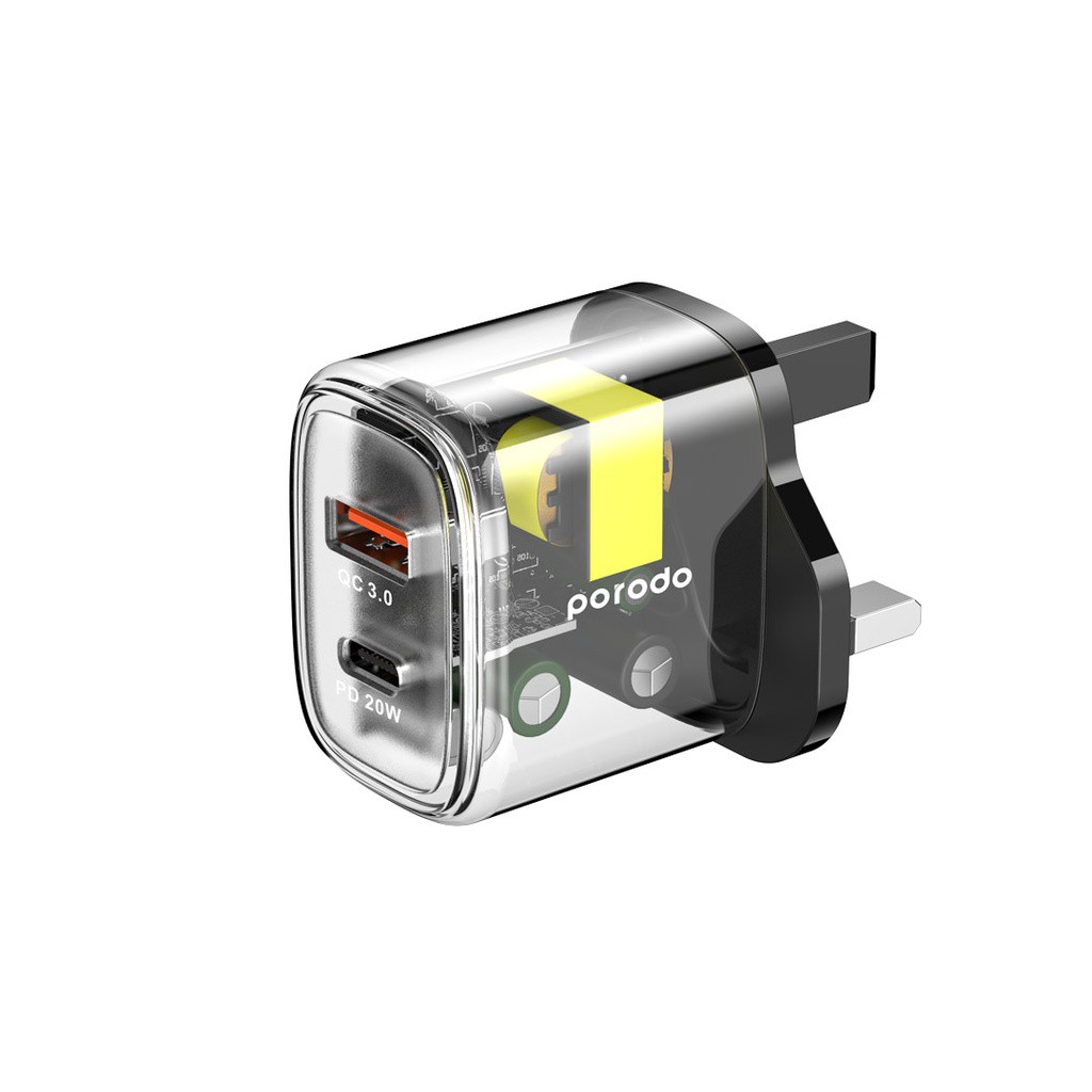 PORODO PD 20W DUAL OUTPUT UK TRANSPARENT QUICK CHARGER PD-T20WACUK-BK