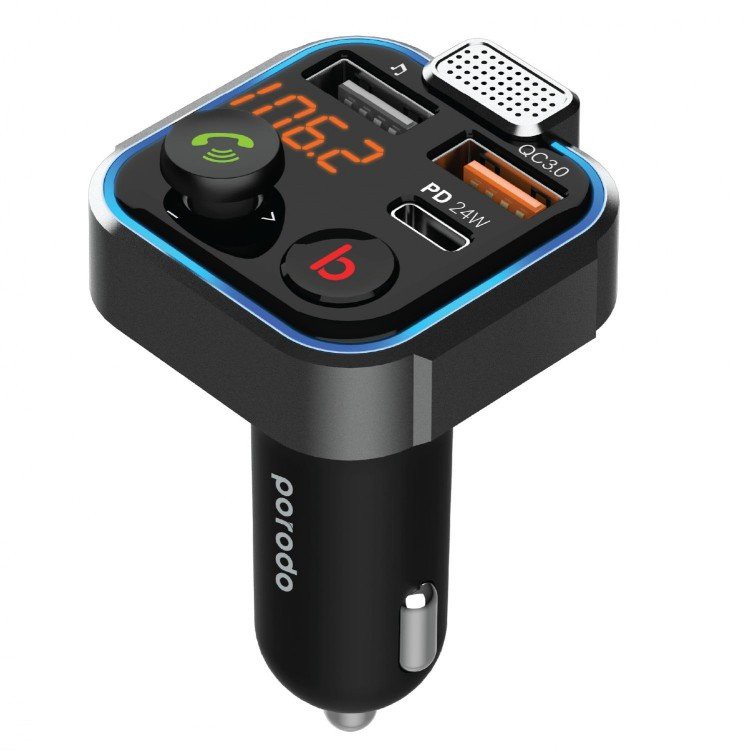 PORODO SMART CAR CHARGER FM TRANSMITTER 24W PD BLACK PD-FM42WBB-BK