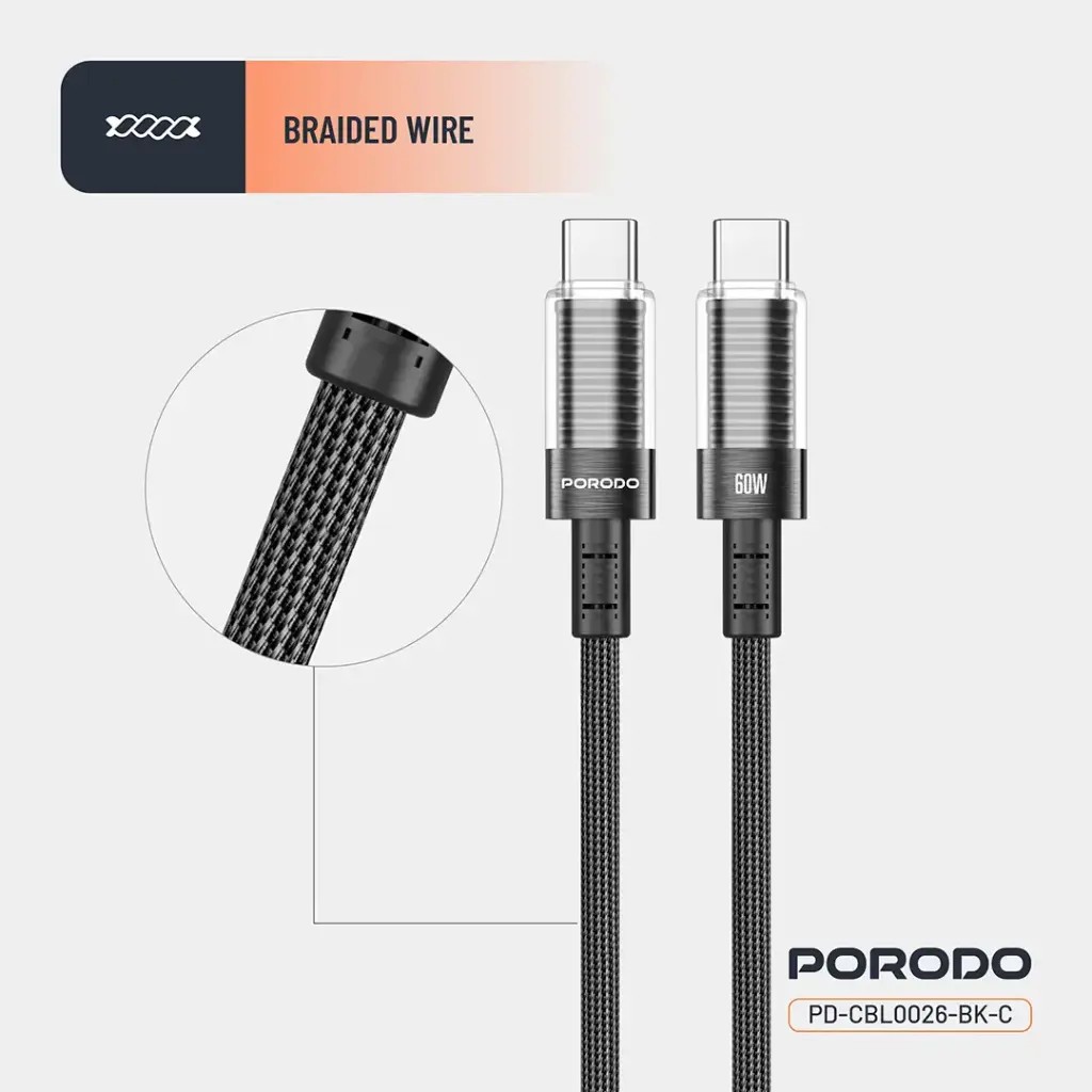 PORODO TRANSPARENT SHELL USB C TO USB C CABLE 60W 1.2M PD-CBL0026-BK-C