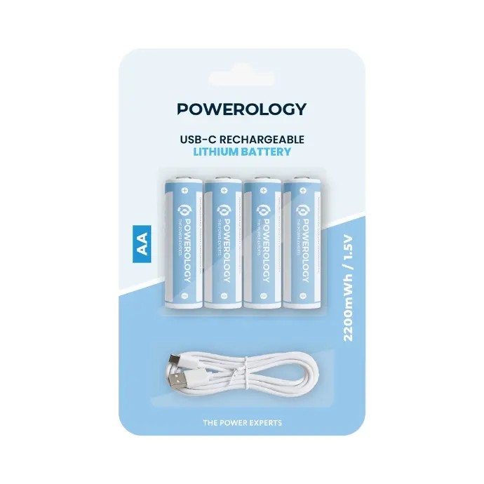 POWEROLOGY USB-C RECHARGABLE LITHIUM BATTERY AA 2200MWH PACK OF 4 PAAV2RBT