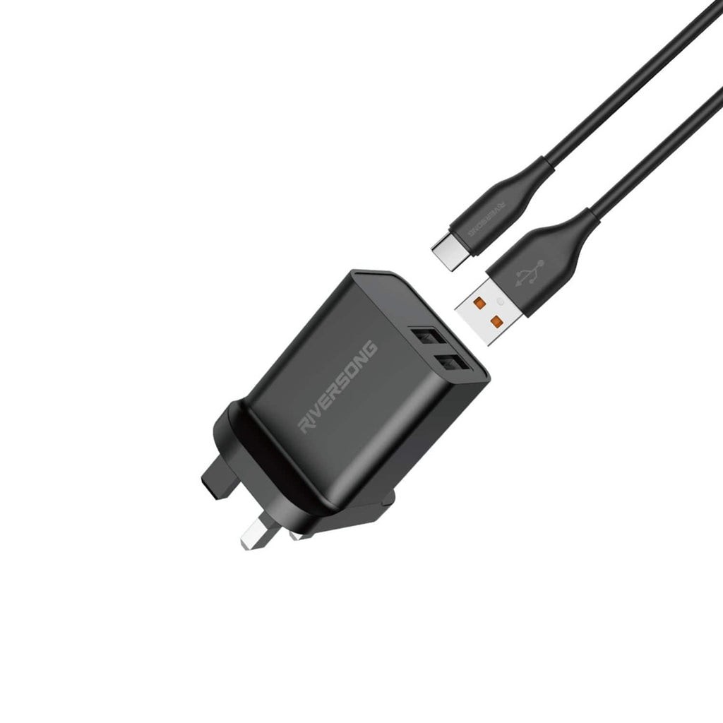 RIVERSONG SAFEKUB D2 DUALPORT WALL CHARGER & TYPE C CABLE KIT BLACK