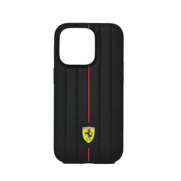 FERRARI LEATHER CASE WITH EMBOSSED STRIPS & YELLOW SHEILD LOGO 14 PRO MAX RED FEHCP14XRMIR