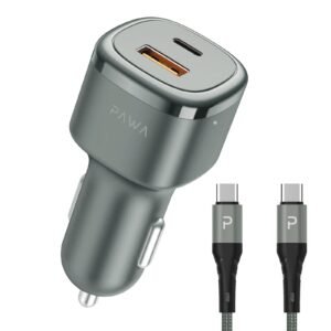 PAWA 50W SOLID CAR CHARGER DUAL PORT WITH C TO C CABLE PW-CC50QCT-GY