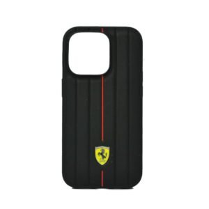 FERRARI LEATHER CASE WITH EMBOSSED STRIPS & YELLOW SHEILD LOGO 14 PRO MAX RED FEHCP14XRMIR