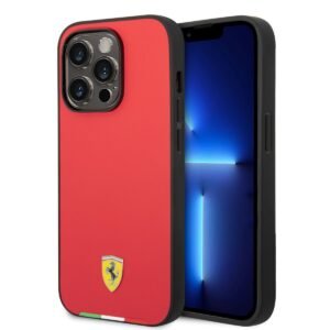 FERRARI MAGSAFE HARD PU SMOOTH CASE WITH ITALIAN FLAG LINE & METAL LOGO 14 PRO RED FEHMP14LTABRE
